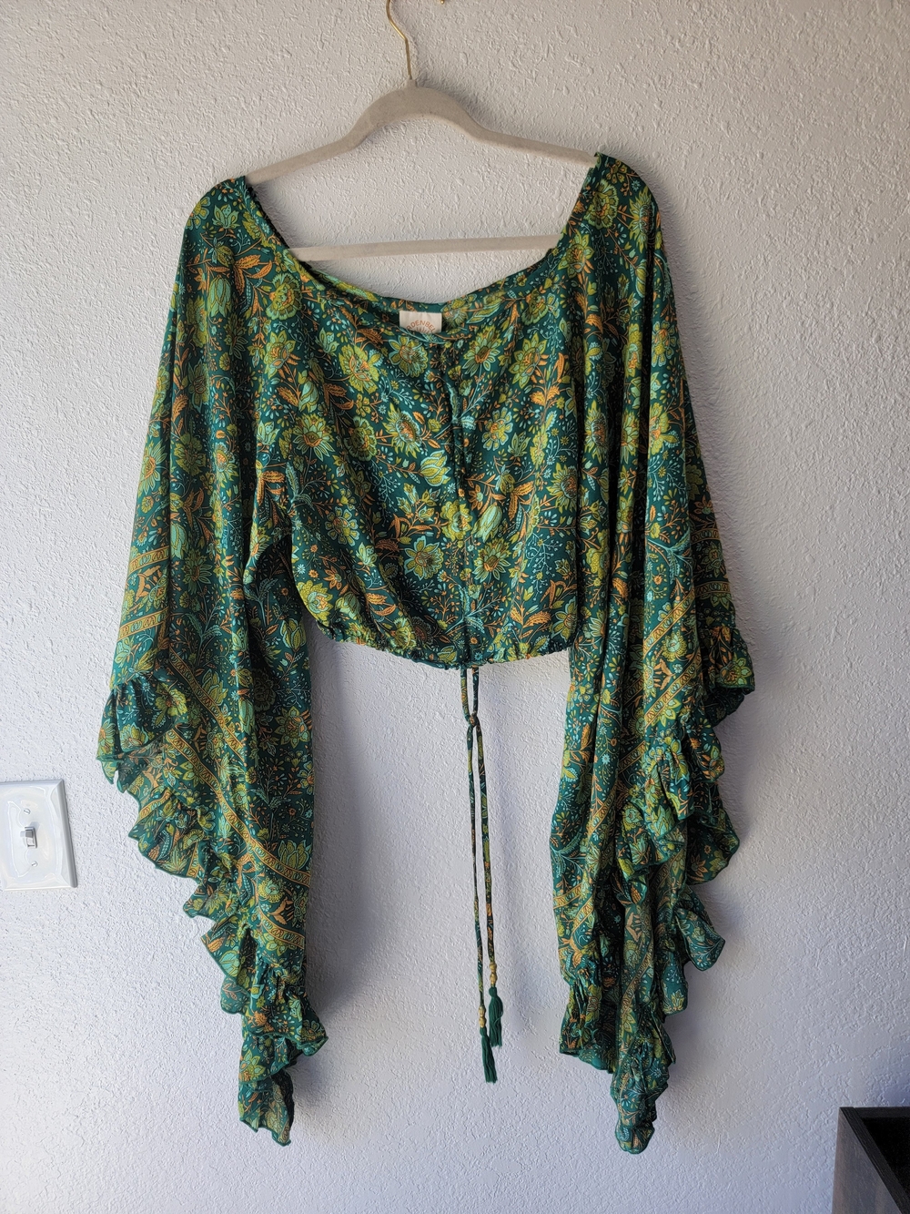Green Floral Boho Tie-Front Women's Blouse